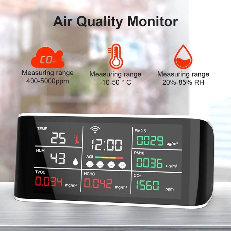 Imagem -03 - Multifuncional Analisador da Qualidade do ar Dm69 Co2 Meter Tuya Temperatura Umidade Infravermelho Detector Ndir Pm2.5 Pm10 Hcho Tovc