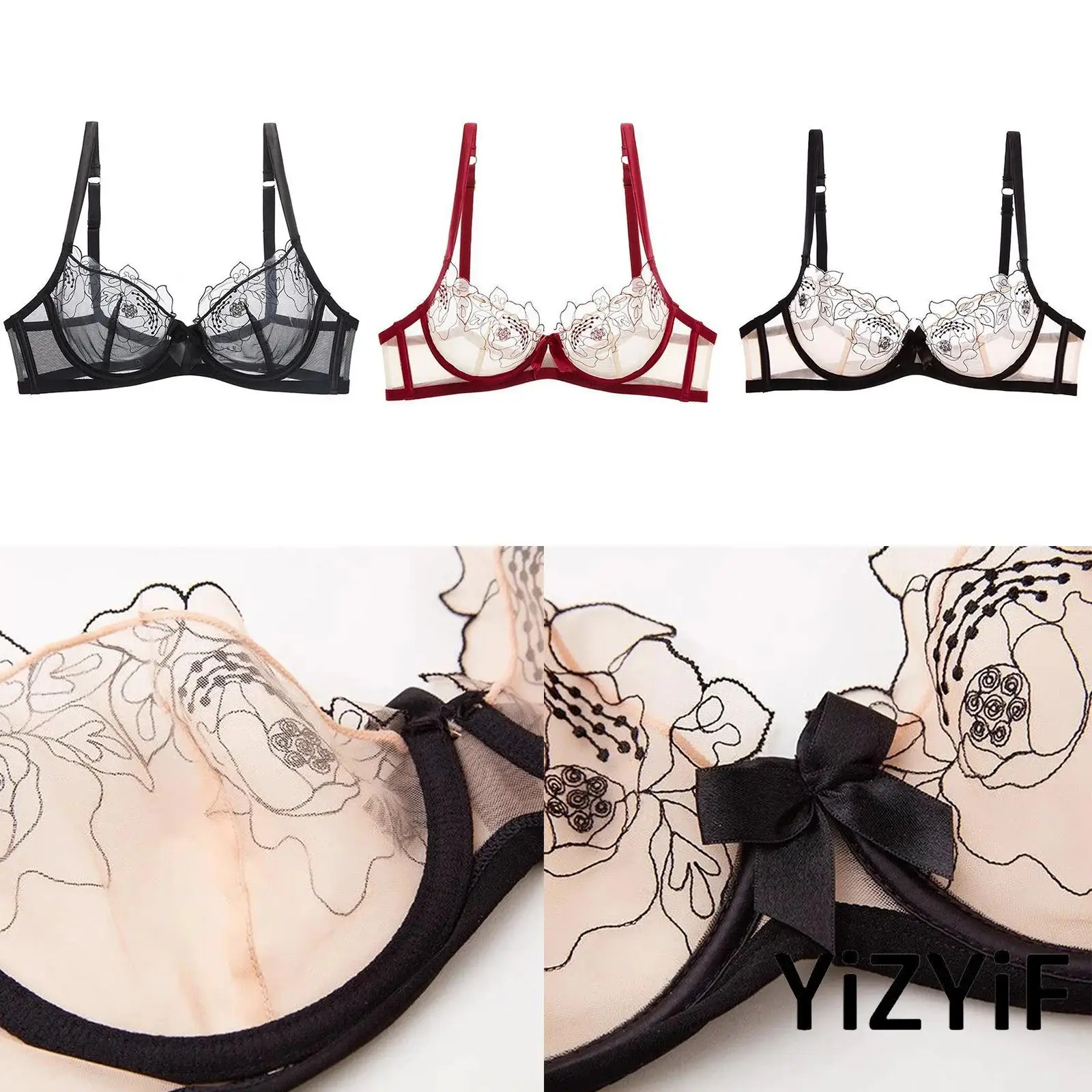 

Womens Lace Sexy Embroidery See Through Bra Light Luxury Tops 3/4 Cup Underwire Adjustable Straps Corset for Dating Night