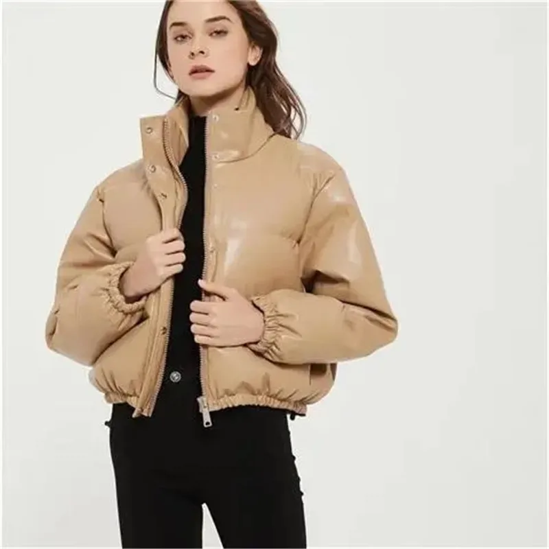 2024 Winter Warm Thick PU Leather Coat Women Short Cotton Jacket Parkas Fashion Cotton Padded Down Jacket Zipper Overcoat