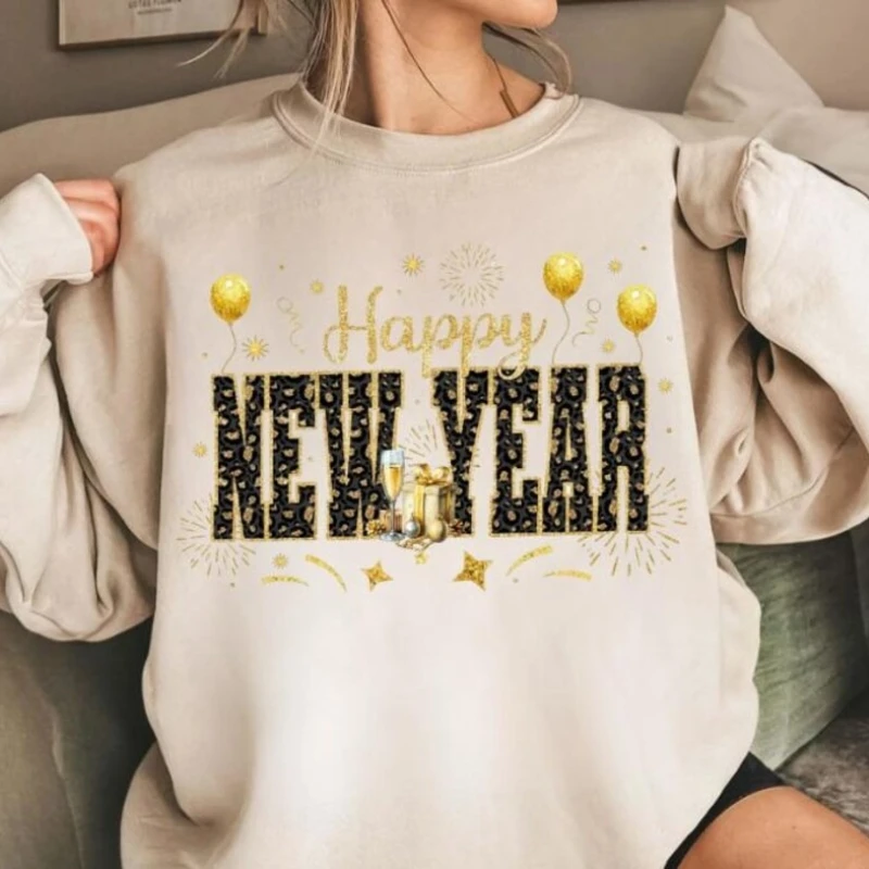 Disco Ball Black and Gold Sequins Glitter Leopard Happy New Year Varsity Hello 2026 Autumn and Winter Sweatshirt Adult Pullover