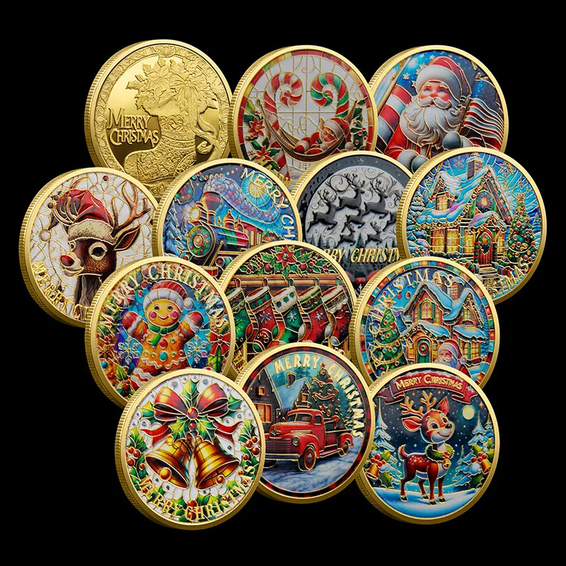 12PCS Christmas Commemorative Coins Santa Claus Elk Christmas tree Gold Plated Colorful Merry Christmas Xmas Decorations Gift
