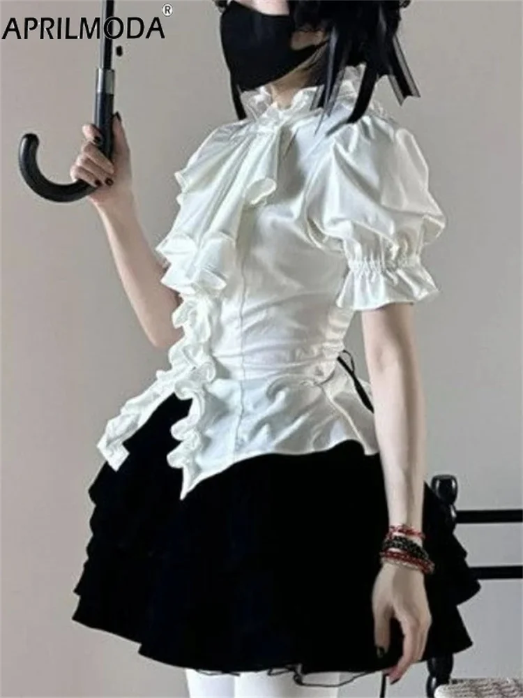نفخة الأكمام اليابانية الفيكتوري القوطية لوليتا قمصان Y2k الجمالية الكشكشة القوس سليم بلوزة بلايز المرأة خمر أنيقة JK Blusas