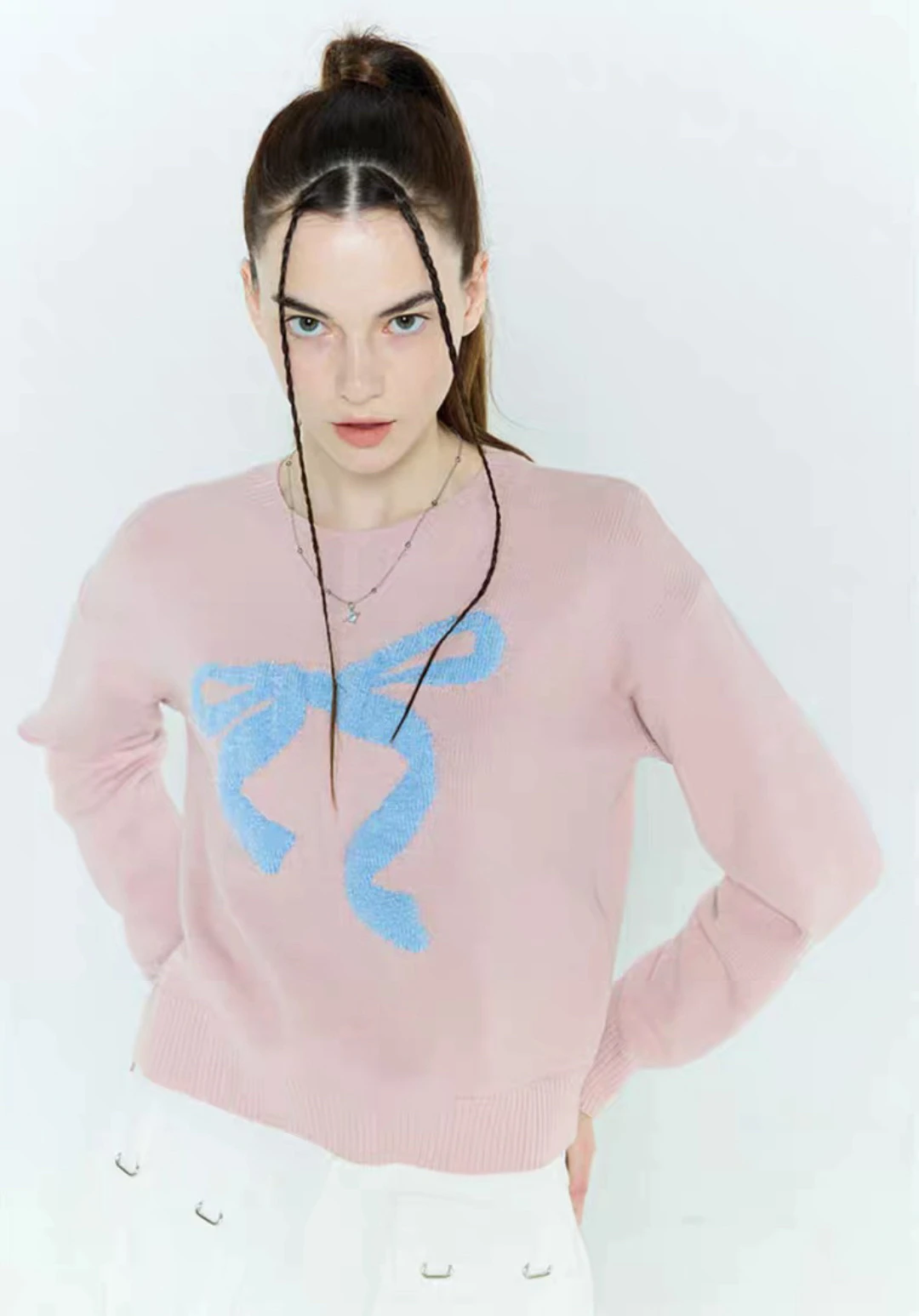 

Lartigent Sweet Sle Long Sve round Ne Knitted Sweater with Bow Knot Furry Material Women's Faion Casual Autumn Top