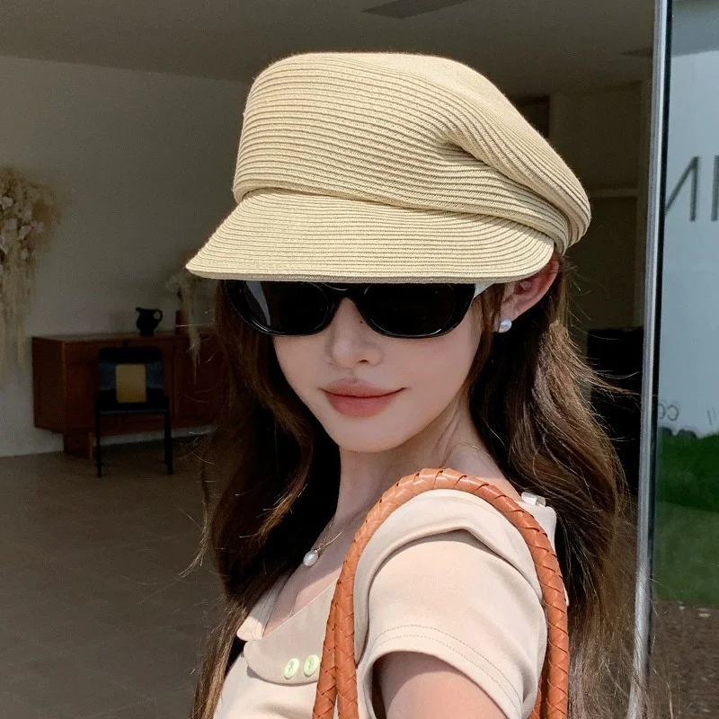New French-Style Minimalist Straw Baseball Cap for Women—Spring/Summer Sun Protection and Shade, Wide-Brimmed Newsboy Cap