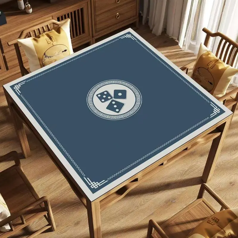 Navy Blue Patterned Border And Mahjong Table Mat Anti-Slip Noise Reduction for Card Game Table Playing Room Home Decor