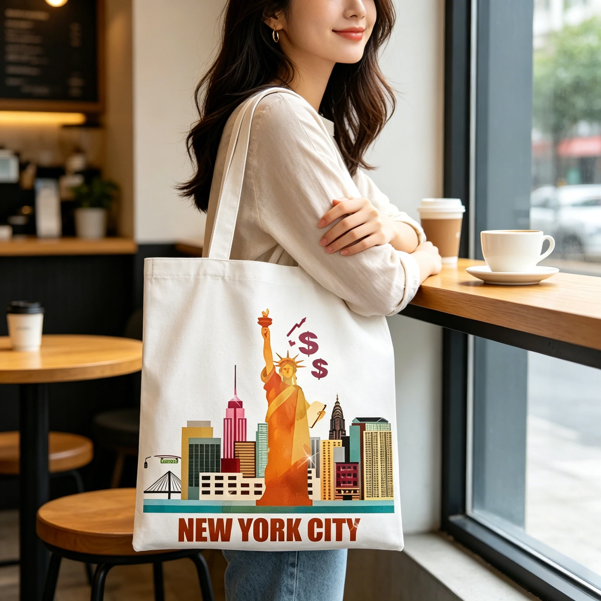 New York Souvenir Canvas Tote Bag, Large Multipurpose Shoulder Bag for Women Students, Travel Shopping Casual Gift
