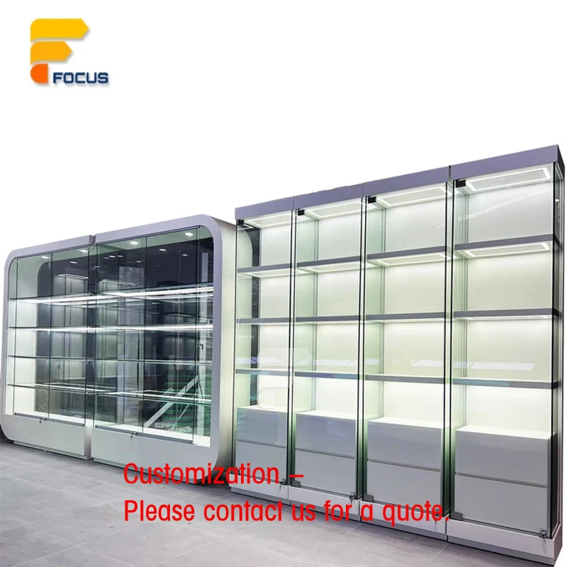 custom.Sleek Glass Display Showcase White Frame LED Lighting Multiple Shelves Jewelry Retail Display
