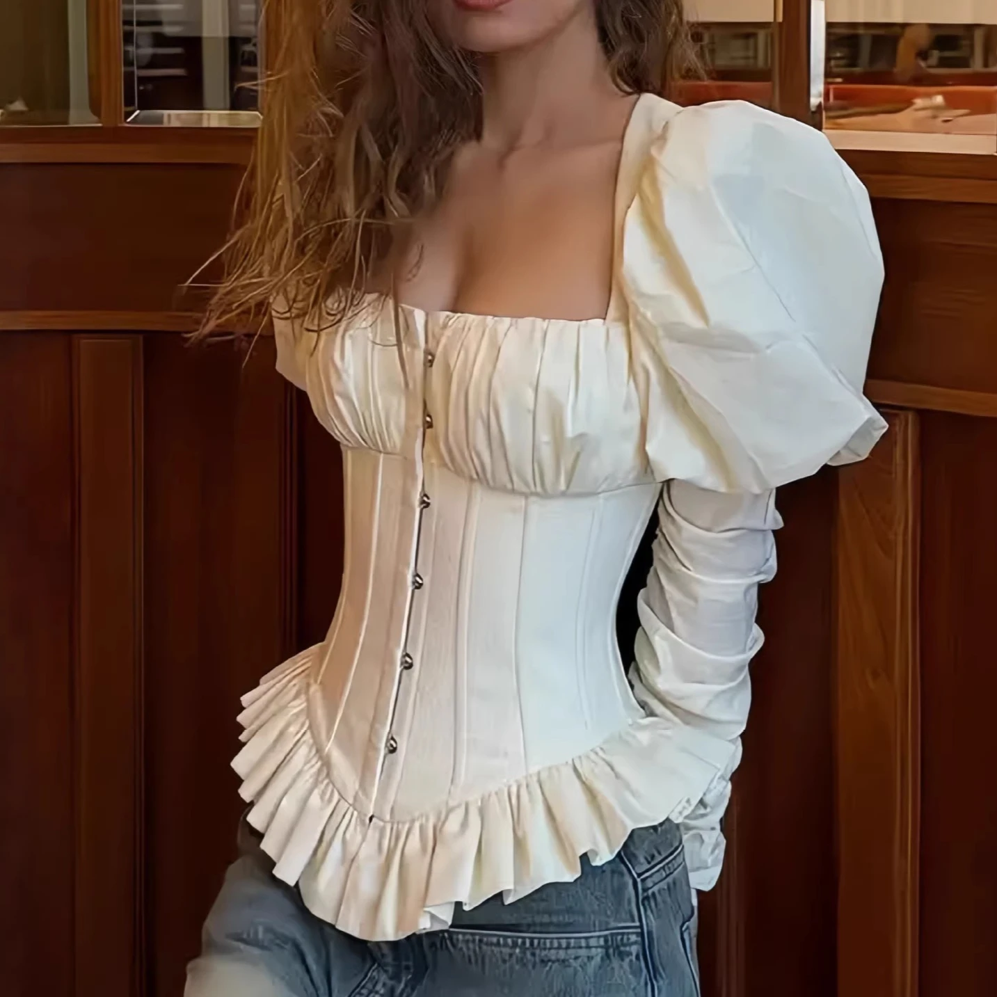 Vintage Puff Sleeve Corset Top 2026 New Square Neck Bustier Blouse