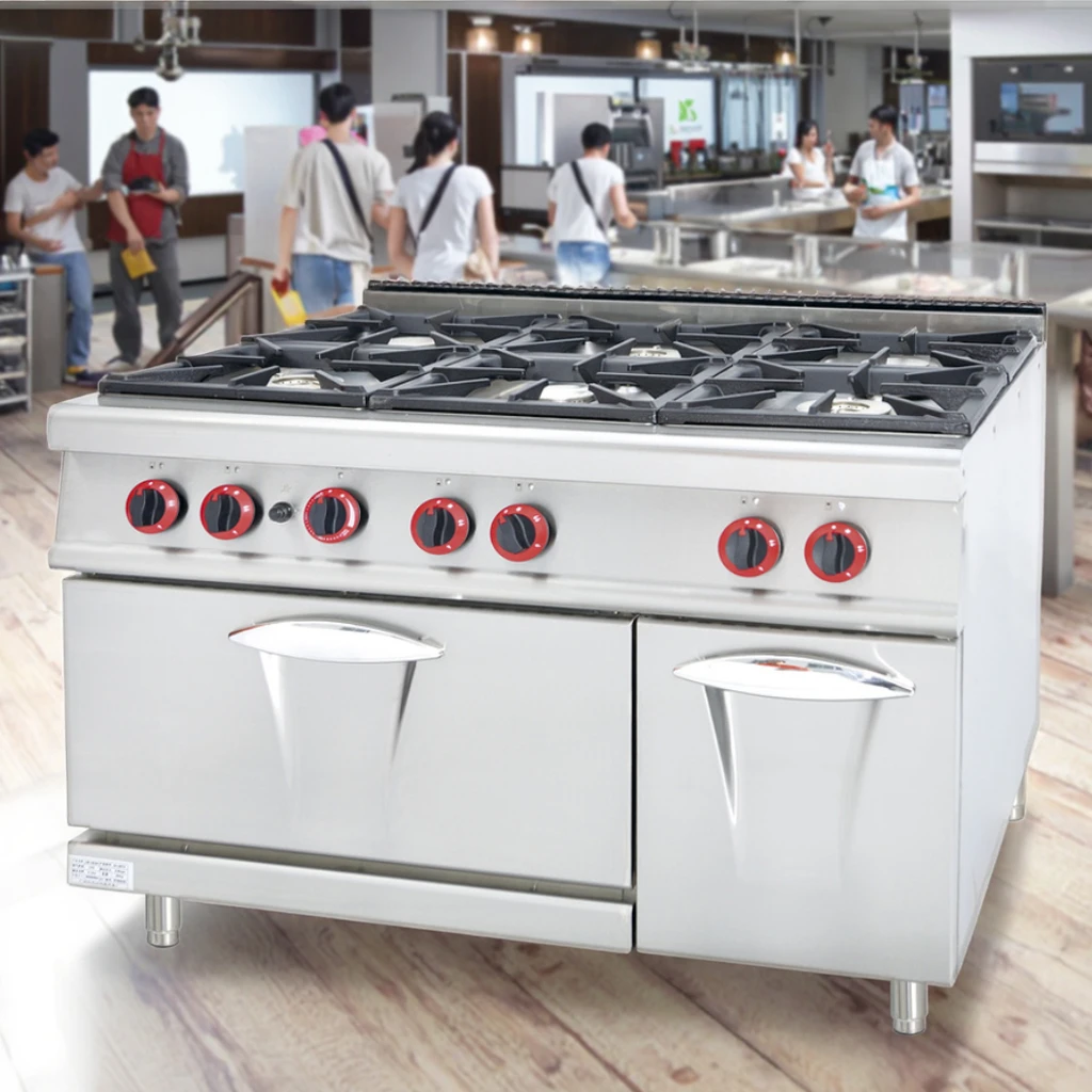 معدات المطبخ التجارية 6 شعلات، فرن من الفولاذ المقاوم للصدأ نطاق طهي الغاز مجموعة التحكم في درجة الحرارة