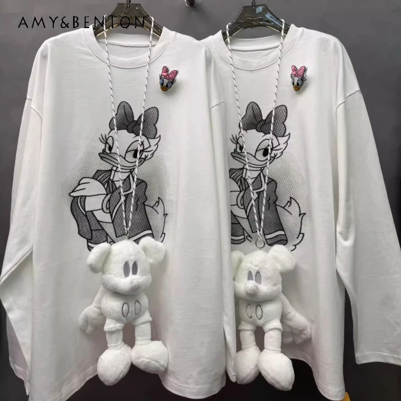 

2025 Winter New Loose Mid-Length Heavy Industry Retro Versatile Long Sleeved Sweatshirt T-shirt Pullover Kawaii Clothes Top Tees