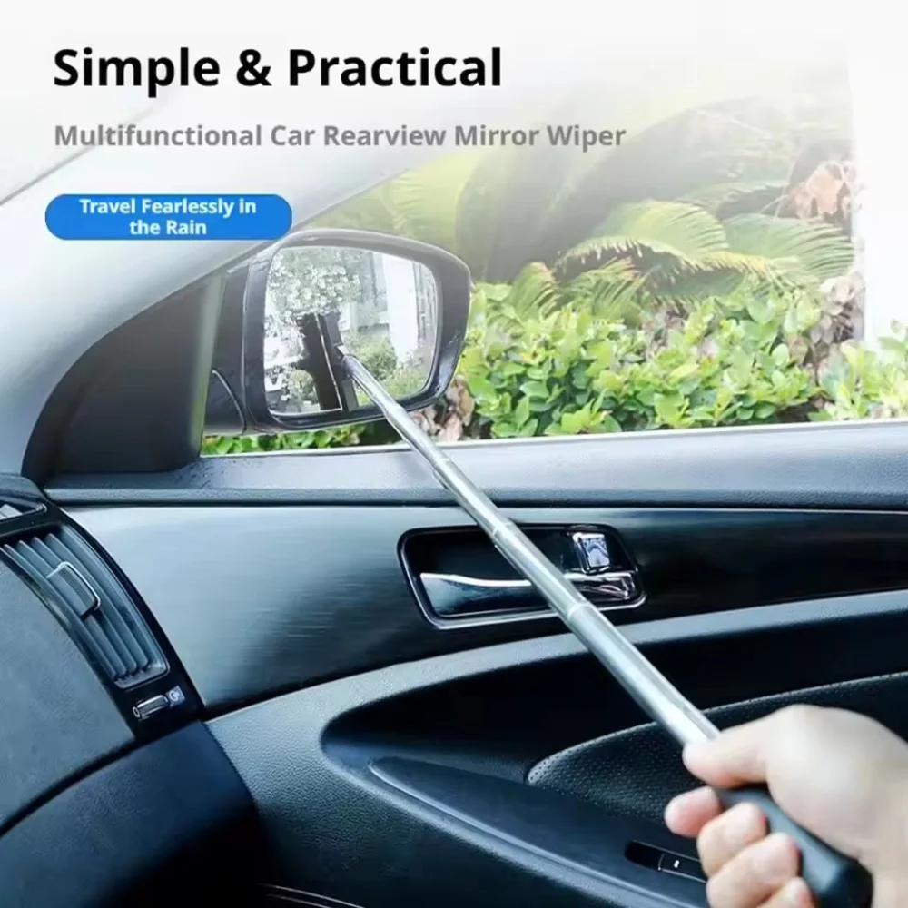 Portable Multi-Functional Car Rearview Mirror Wiper Dehumidifying Windshield Cleaning Tool Retractable Rain Scraper