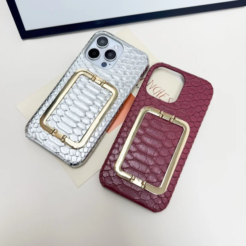 Snake Skin Metal Holder Leather Phone Case For iPhone17 Air 17Pro 16Pro 15Plus 14/13 12 11 Xsmax XR Body Skinny Shell Protection