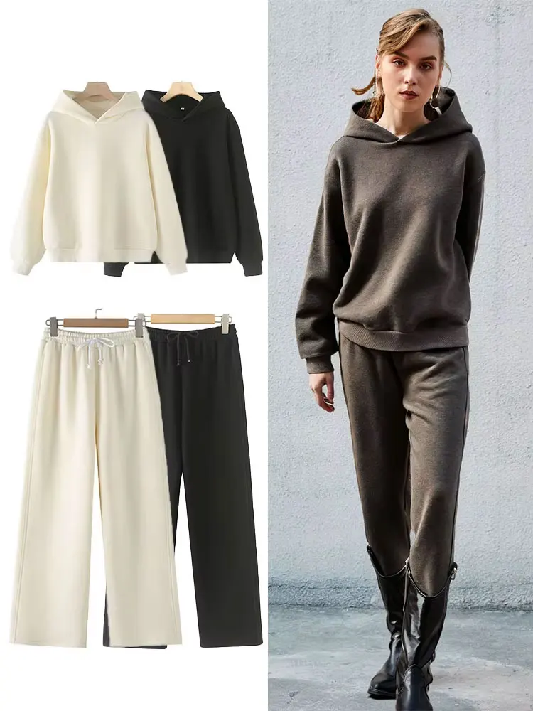 HH Trendiges, solides Sweatshirt-Set für Damen, lange Ärmel, lässiges Kapuzen-Sweatshirt + Kordelzug, hohe Taille, gerade Hose