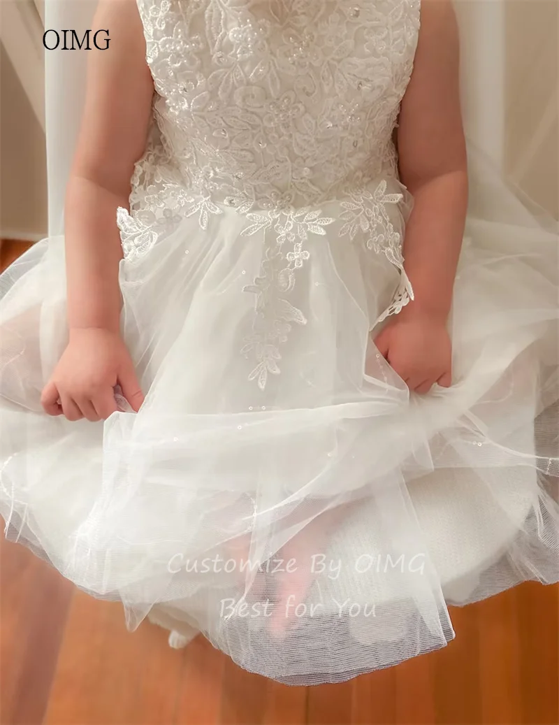 OIMG Ivory O Neck A Line Flower Girl Dresses Lace Birthday Wedding Gown Ankle Length Party Dress vestidos de niñas Customized