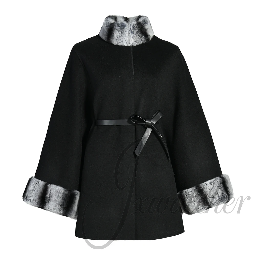 

Jxwatcher Women Winter Wool Coat Luxury Rex Rabbit Fur Collar Ladies Woolen Cloak 2025 Autumn Fashion High-end New In Outerwear