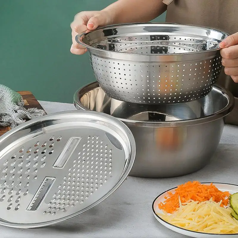 

Stainless Steel Grater Plate Drain Basin Set Kitchen Multipurpose Grater With Drain Basket Basin Vegetable Washer Salad Maker