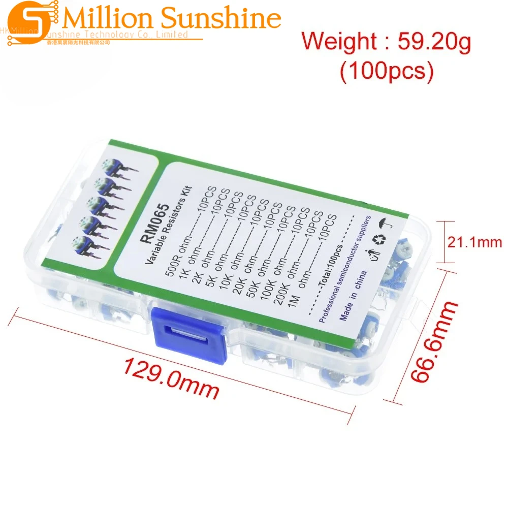 100Pcs/Box RM065 Film Horizontal Trimpot Potentiometer Assortment Kit 10 Values Variable Resistor 500R - 1M