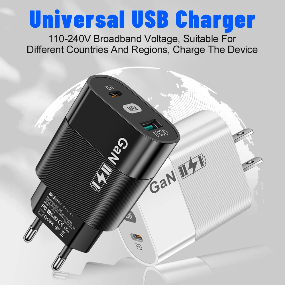 65W GaN USB Charger Fast Charging Charger QC3.0 For iPhone 14 13 12 Oneplus Xiaomi Samsung PD Type C Mobile Phone Quick Charger