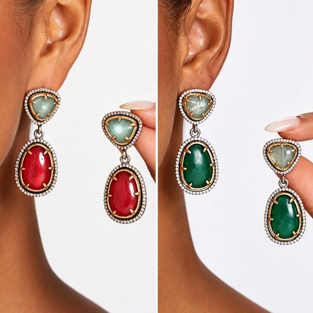 Layered Resin Drop Earrings Irregular Two Tone Rhinestone Frame Statement Earrings Marbled Oval Geometric Dangle Earrings