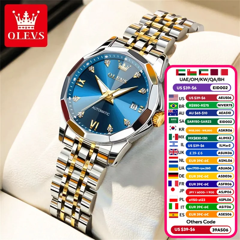 OLEVS reloj de mujer con diamantes, reloj de pulsera mecánico automático clásico de lujo, regalos para mujer, indicador de fecha resistente al agua 9982