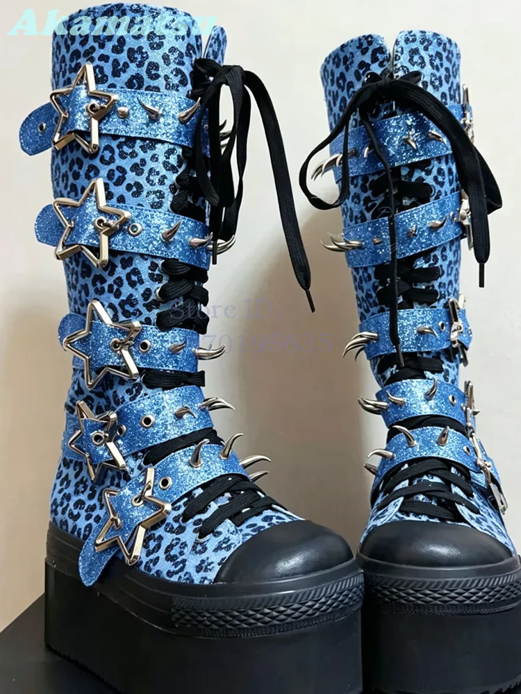 Glitter Green Platform Knee-high Boots Round Toe Star Buckle Spiked Straps Cosplay Boots 2026 Lace Up Punk Goth Women Shoes