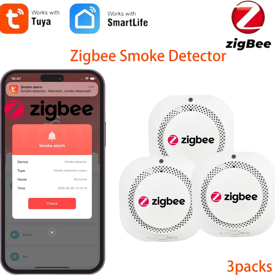 3 paquetes de Sensor de humo Tuya Zigbee, Detector de alarma de incendio, alarma de seguridad para el hogar, Sensor de humo que debe funcionar con Tuya Zigbee Hub