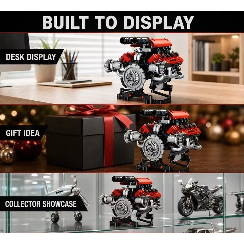 K96203 V8 Car Engine Building Block Set LED Light Motor Drive Mechanical STEM Assembly Model Toy