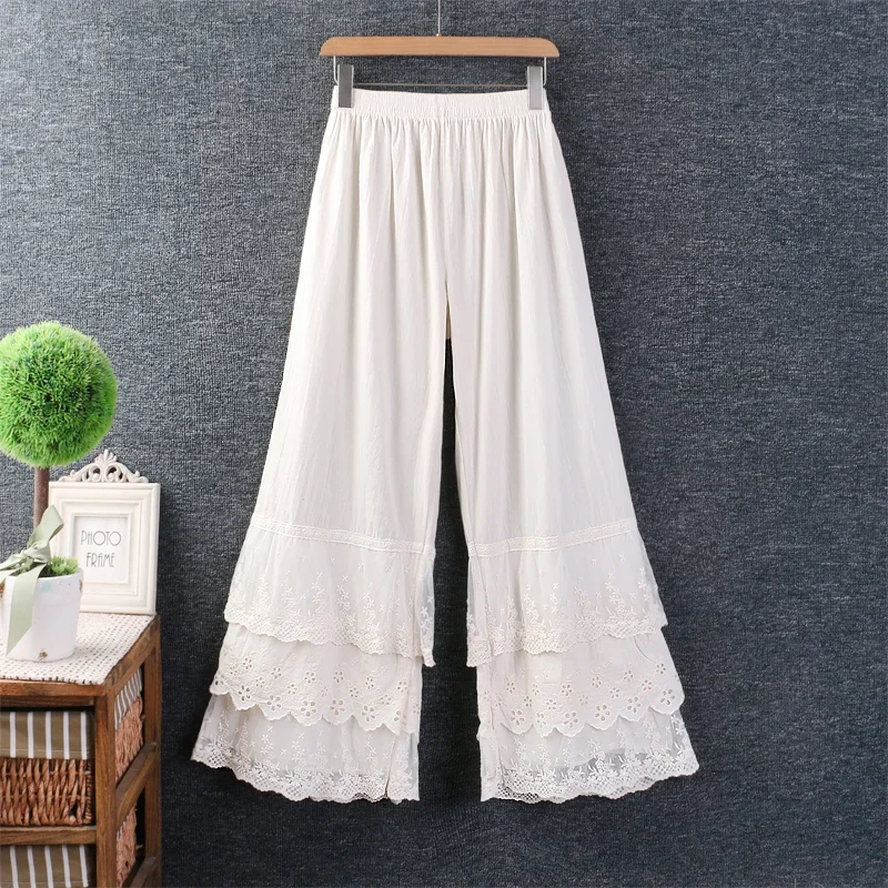 Japanese Sweet Lolita Layer Ruffles Floral Embroidered Wide Leg Pants for Women, Solid Color, Elastic Waist Flare Pants, Spring