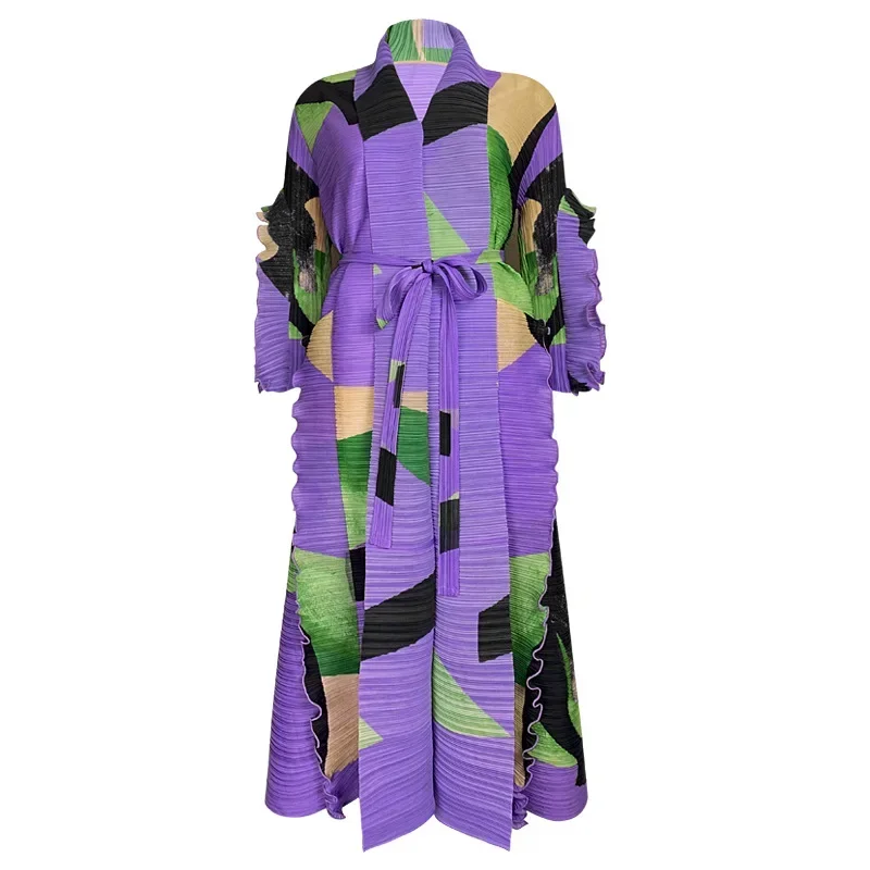 Miyake Pleated Turn-down Collar Petal Sleeve Dress Belt Women 2023 Spring New Original Designer Violet Printed Plus Size