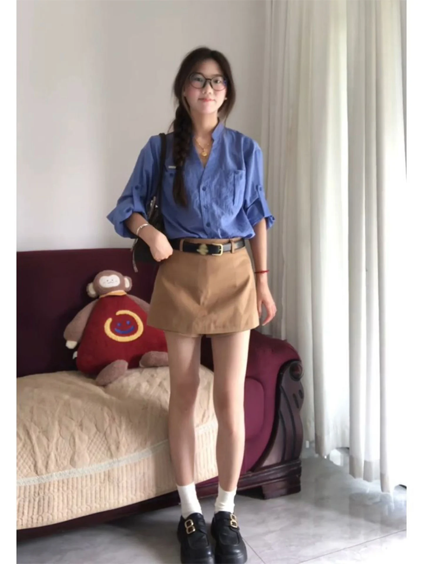 Klein Blue Shirt And Khaki  Skirt Women's Autumn Fashion Set Casual Style Breathable Fabric High Waist Design Button Closure