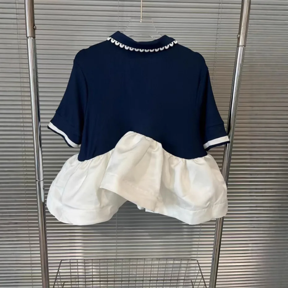 Primavera e verão novo estilo spice girl fino versátil emenda em camadas malha fofa de manga curta topo roupas femininas t camisa