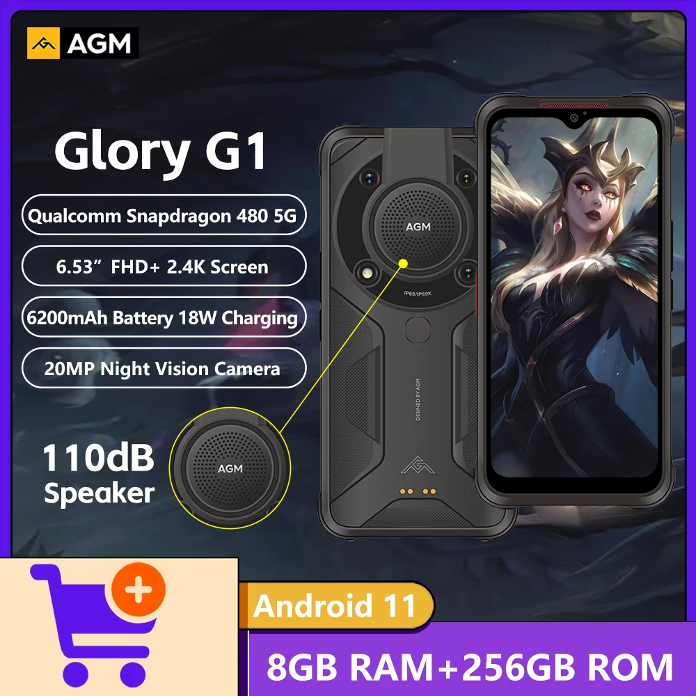 AGM Glory G1 5G Rugged Phone,8GB RAM,256GB ROM,Qualcomm Snapdragon 480 5G,20MP Night Vision,6200mAh Battery,Android Smartphone