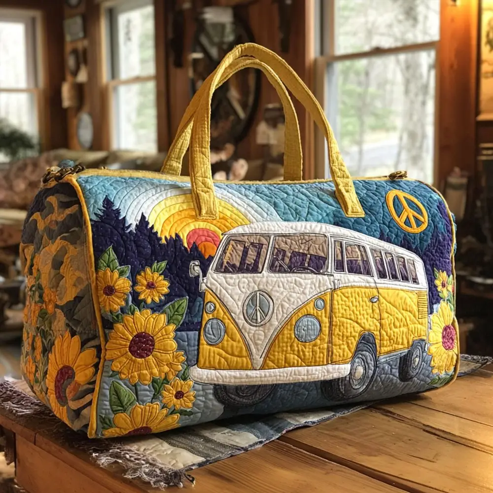 

Hippie Camper Car Print Quilted Duffle Bag Boho Quilted Weekender Travel Bag, Retro Outdoor Carry-On for Gym & Overnight Trips