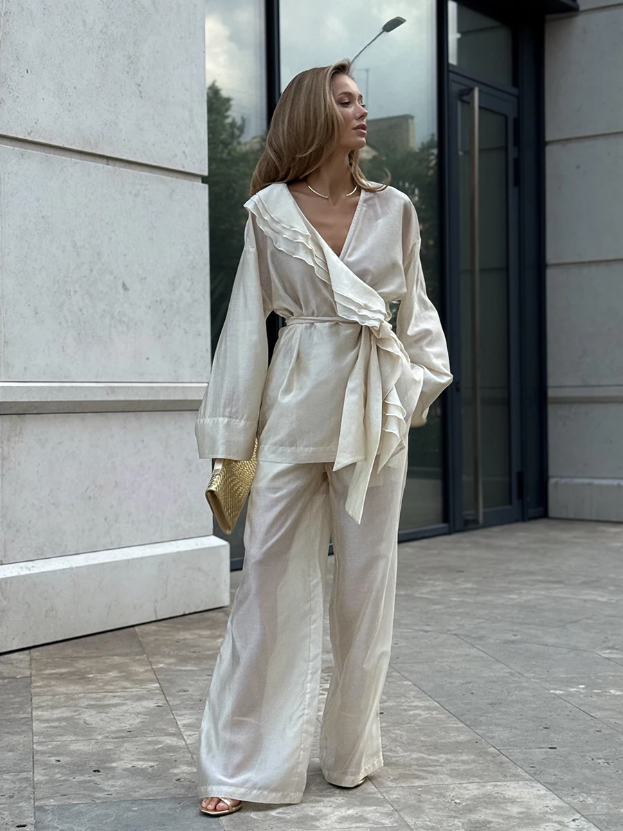 

LIMO Women Ruffle Wrap 2 Piece Set Belted Long Sleeve Top Wide Leg Pants Elegant Casual Matching Outfit