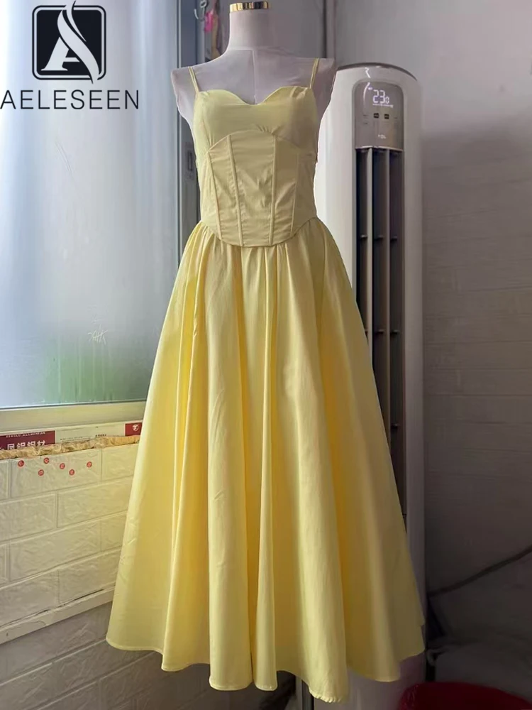

AELESEEN Women Spaghetti Strap Midi Dress with Corset Style Bodice Boning Back Bandage Flared Skirt Vintage Slim Solid Party