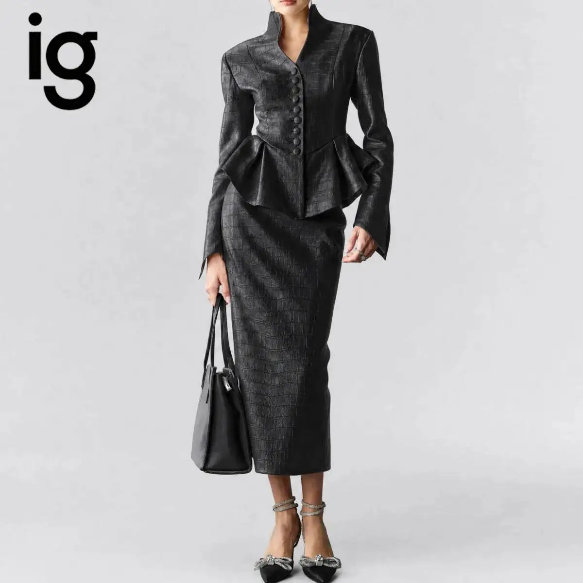 26 Women's Croc Embossed Faux Leather Two Piece Suit Set, Stand Collar Peplum Blazer & Midi Pencil Skirt Single Breasted Button