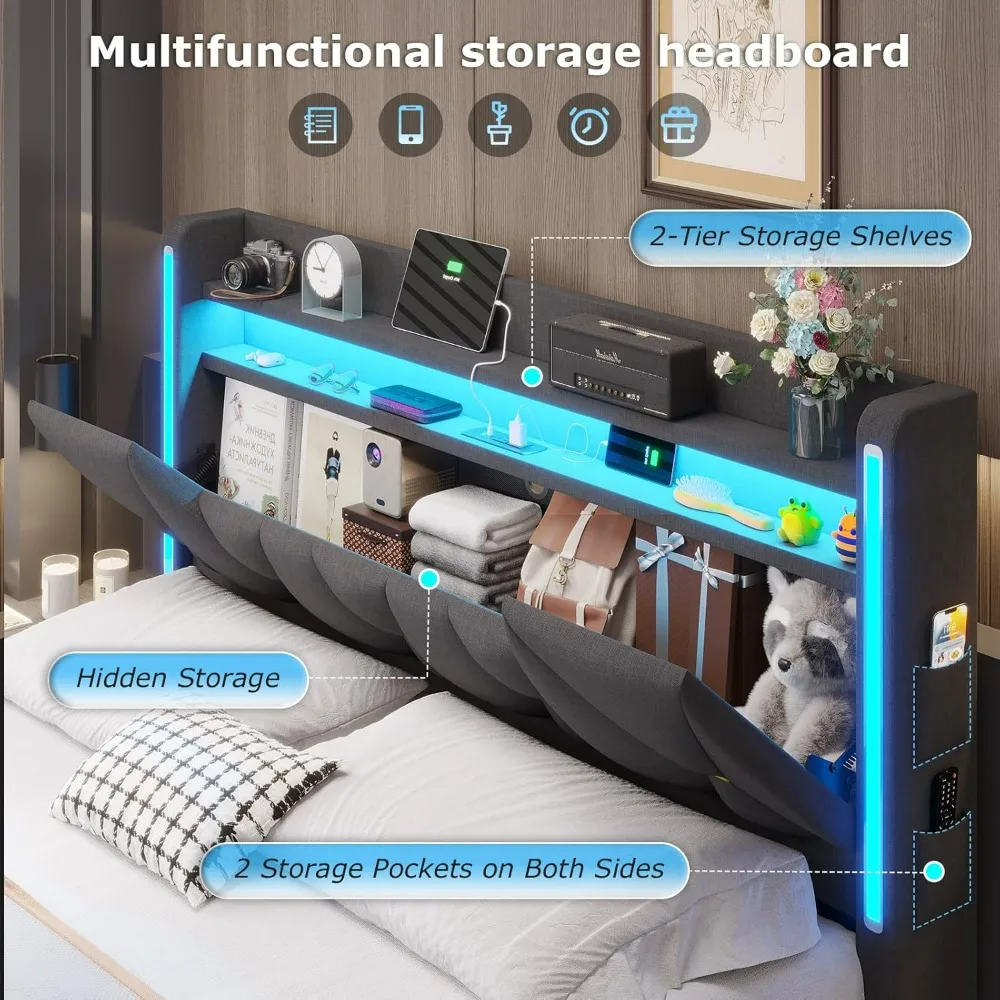 Rama łóżka typu queen-size LED z zagłówkiem i ukrytym schowkiem, oświetlenie LED, stacją ładującą, tapicerowane łóżko metalowe typu queen-size