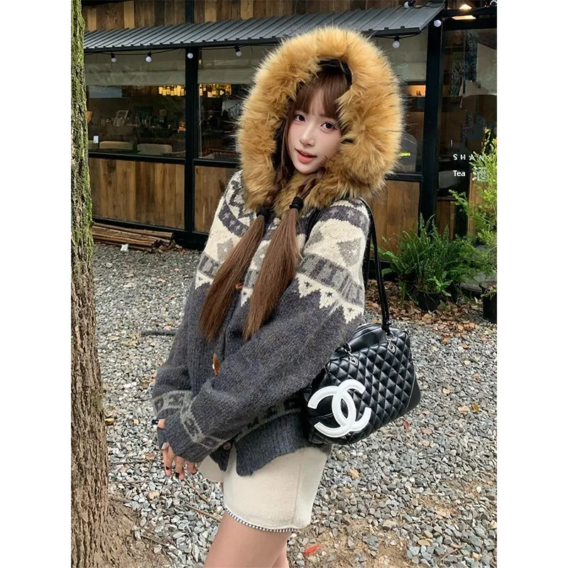 

Мужской вязаный кардиган с капюшоном и меховым воротником, повседневный, теплый, утолщенный, с длинными рукавами, стандартной длины