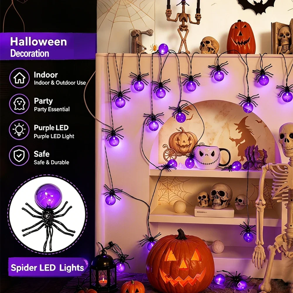 Solar Purple Spider LED String Lights, Waterproof Decorative Lamp for Outdoor Garden Yard Halloween Festival Party Home Ornament