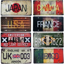 Japan USA Mexico Italy France Flag Car License Number Plate Metal Tin Signs Bar Pub Cafe Club Home Wall Decor Plates
