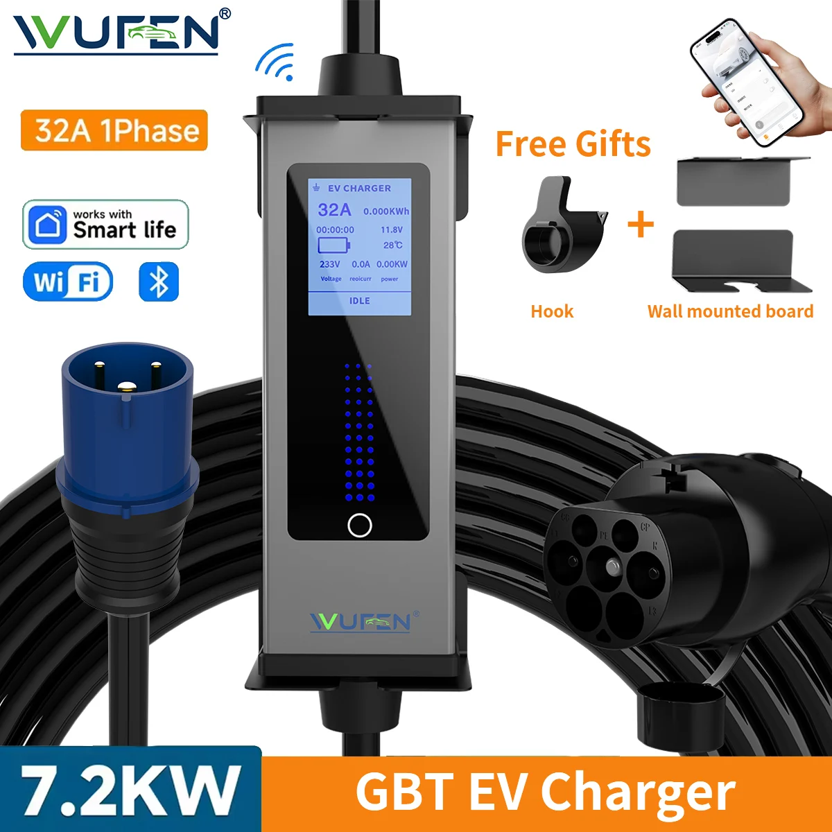 

WUFEN GBT Портативное зарядное устройство для электромобилей 250 В 7 кВт 32 А 1-фазный настенный кабель для быстрой зарядки GBT EVSE Разъем CEE WIFI APP Bluetooth Управление