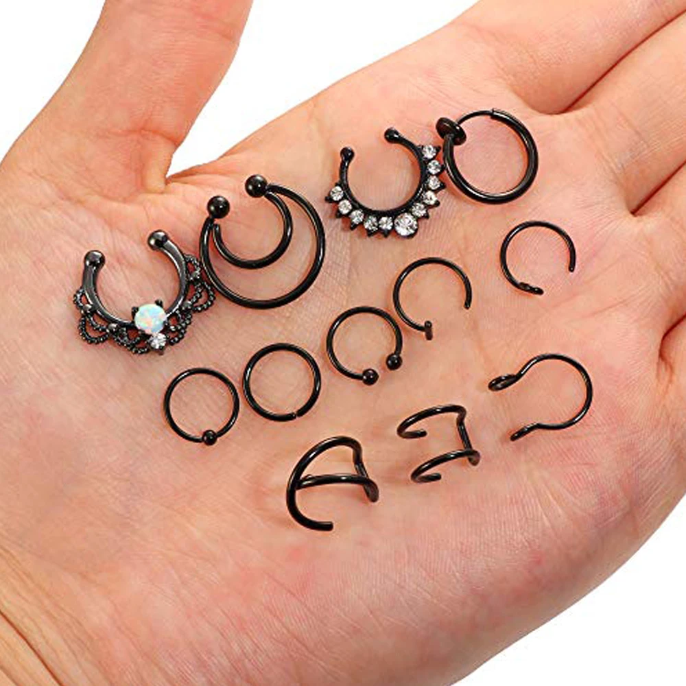 12Style Fake Nose Rings Hoop Stainless Steel Faux Septum Piercing Clip On Septum Ring Faux Non-Pierced Rings Earrings Jewelry