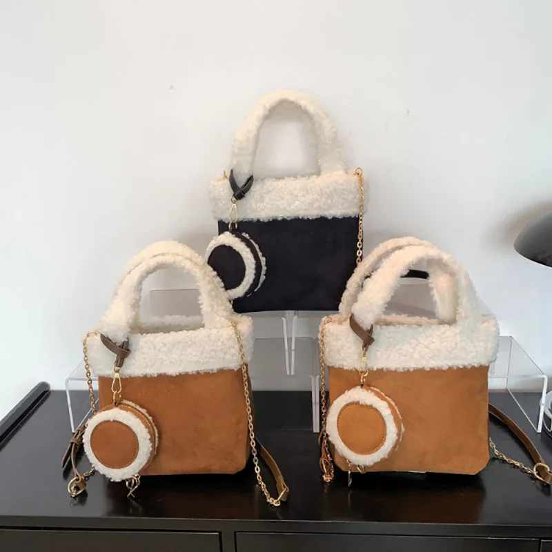 

2023 Autumn Winter New Lamb Wool Contrast Color Splice Bag Frosted Texture Korean Popular Handbag Simple Shoulder Crossbody Bag