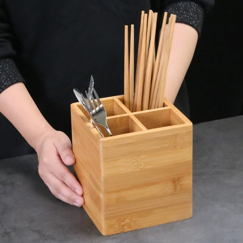 4 Grid Detachable Bamboo Wood Chopsticks Drain Desktop Spoon Fork Knife Storage Holder Kitchen Organizer Racks for Tableware