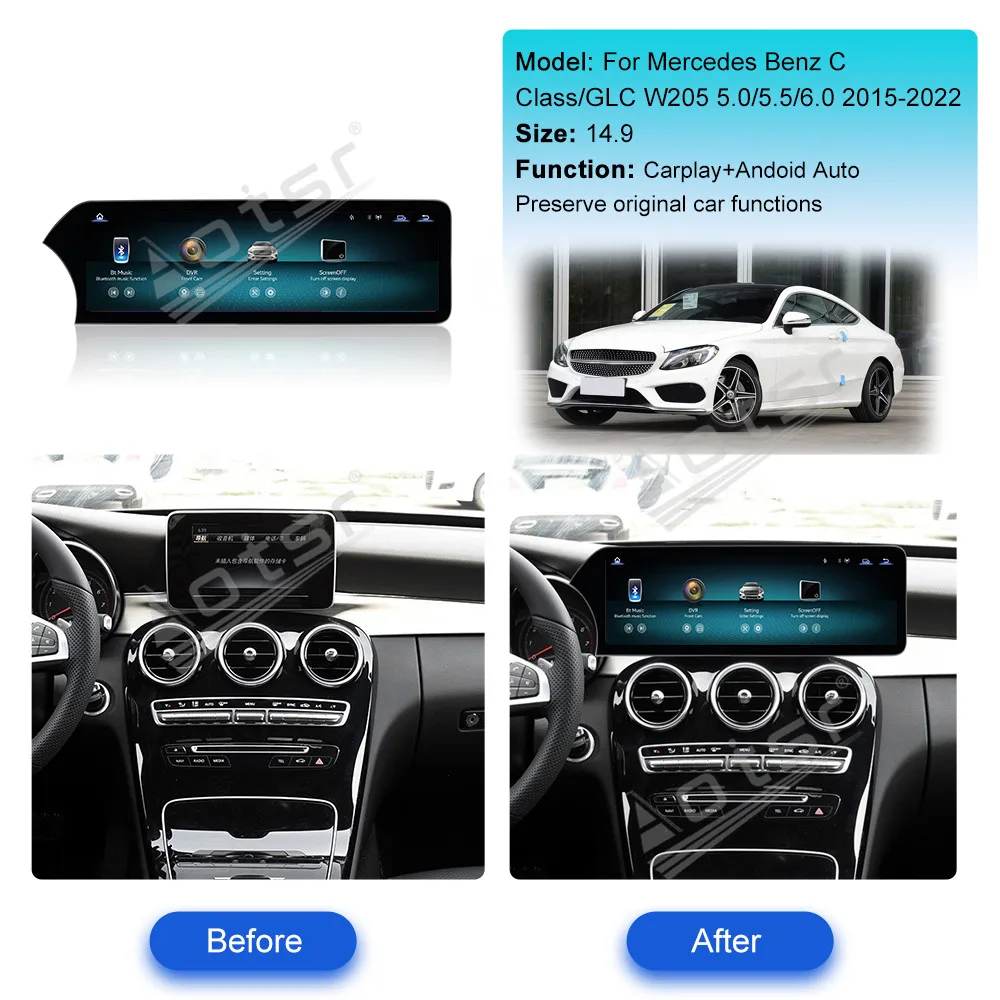 

Мультимедийная система для автомобилей Mercedes Benz C-класса GLC W205 2015~2022 с поддержкой Linux, Android Auto, CarPlay, GPS-навигации и автомобильного радио.