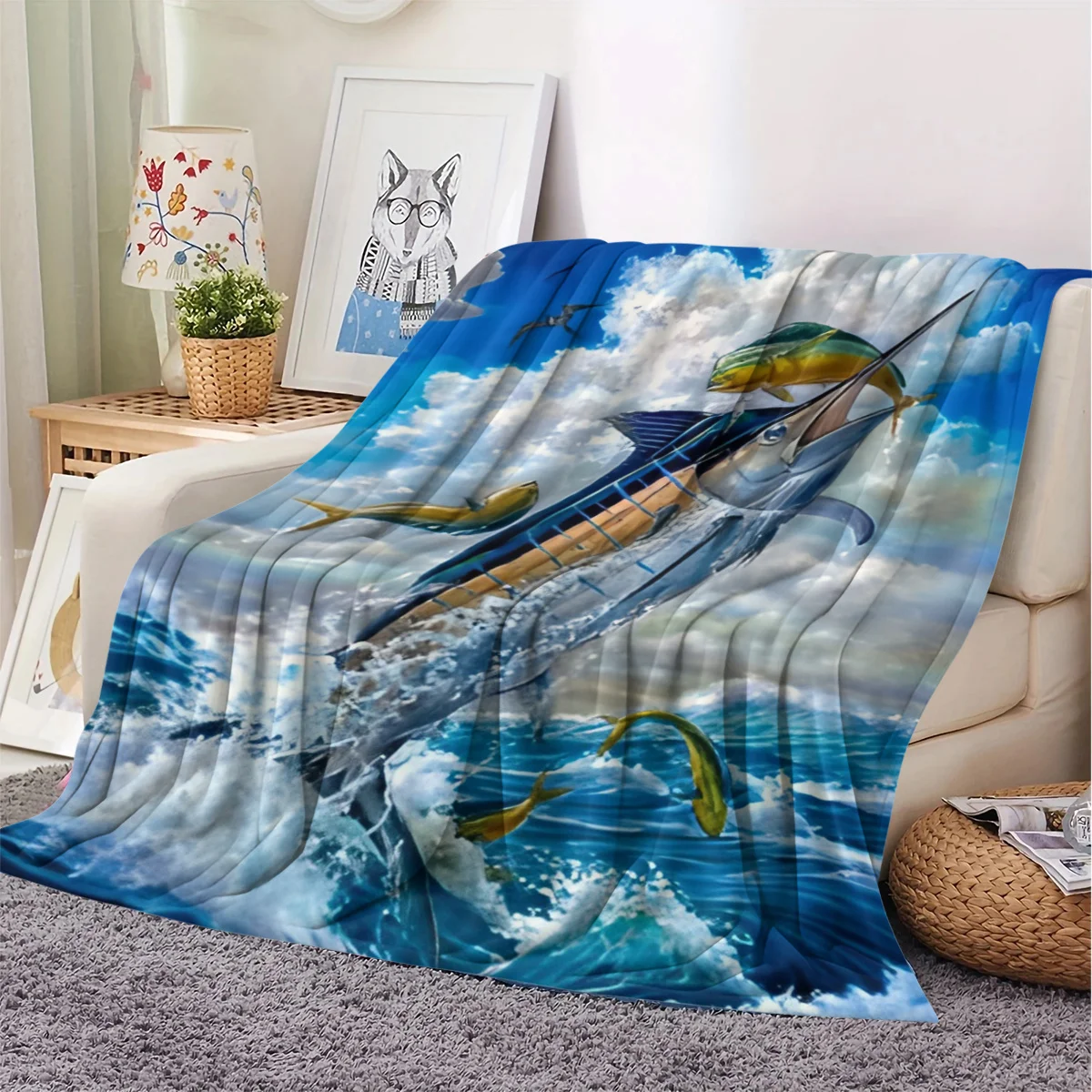 Ocean Life Themed Blue Marlin and Yellowfin Tuna Pattern Flannel Throw Blanket, Air Conditioning Blanket for Dorm and Office Nap