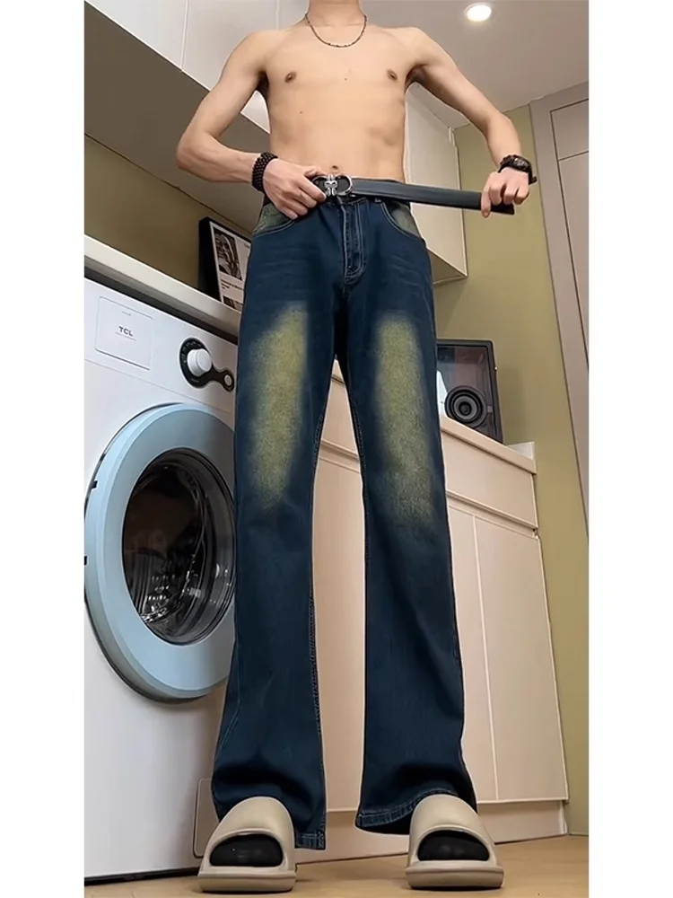 

Модные джинсы-клеш с поясом для подростков, в американском ретро-стиле, синие, с высокой талией, прямые, с эффектом подтяжки, с вырезами.