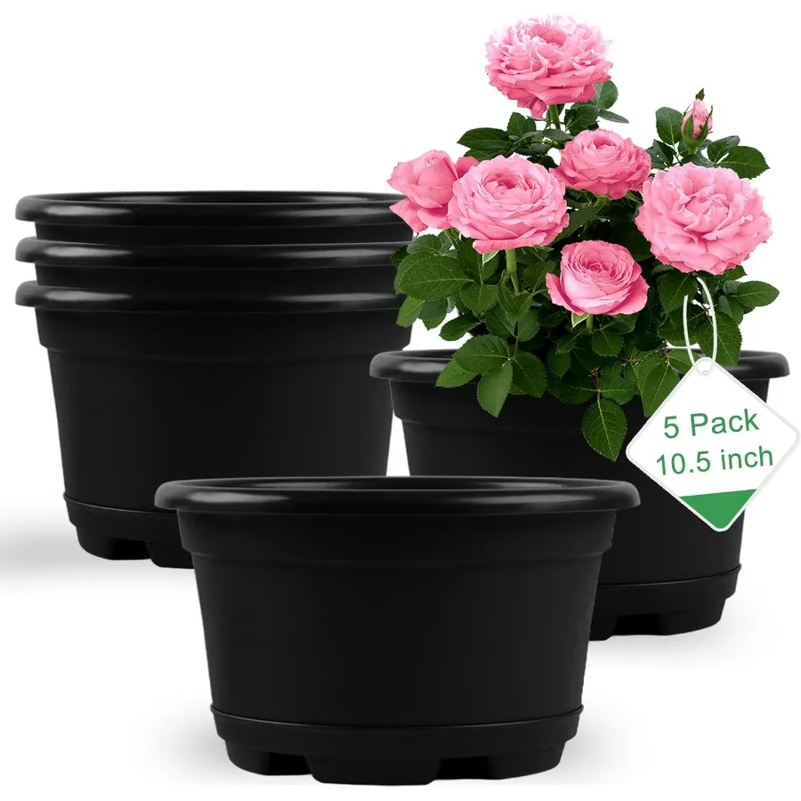 

5 Pack 10.5 inch Plant PotsPlanterPotsforPlantsPlastic Flower Pot for Indoor Outdoor Plants with Drainage Holes Trays Drative G