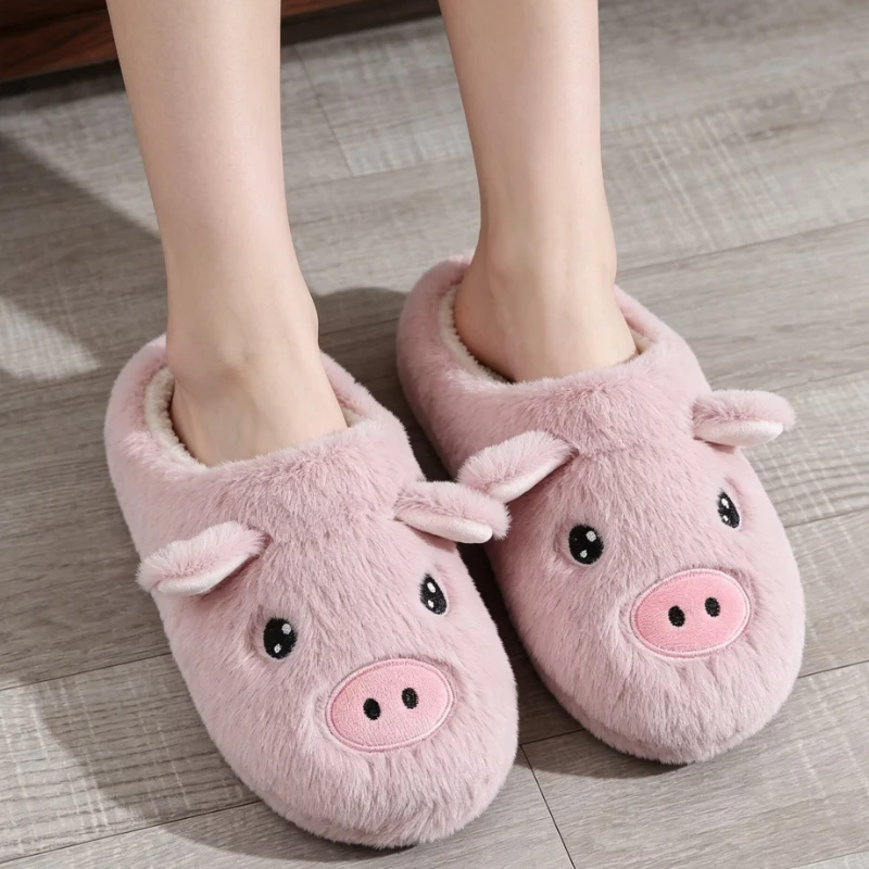 New Cute Cartoon Pink Pig Fluffy Slippers For Women Autumn Winter House Shoes Warm Plush Keep Queit Girls Home Cotton Slipper