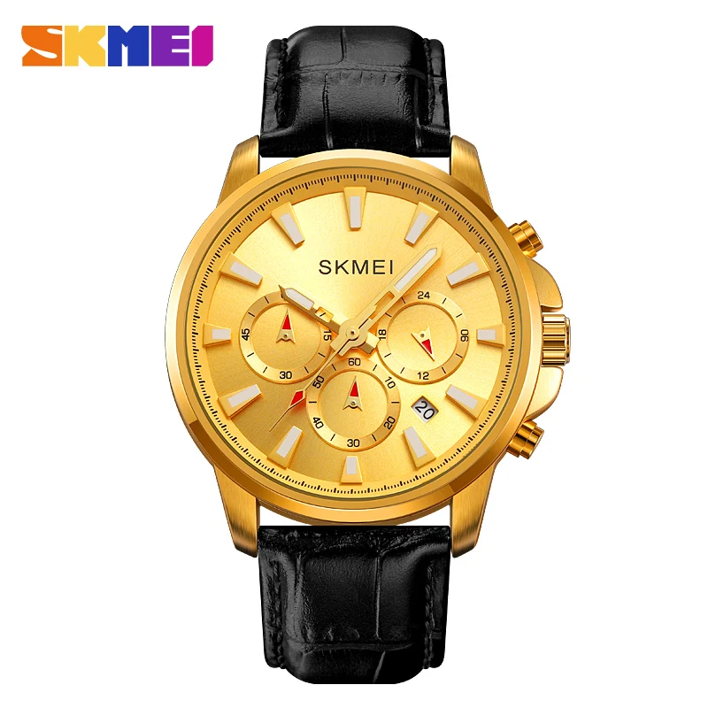 SKMEI Top Brand Man Quartz Watch For Men Relogios Masculino Fashion Luxury Waterproof Gold Silver Leather Man Wristwatches